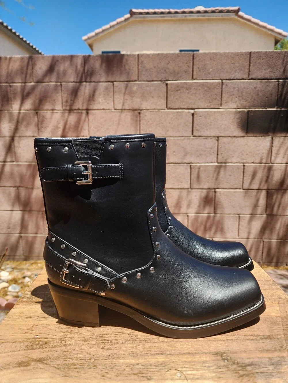 MIA Women's Delores Black Leather Square Toe Studded Buckle Booties Size 9